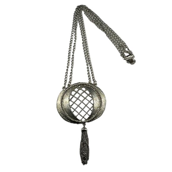 Vintage MOD Oversized Silver Tone Statement Runway Pendant with Tassel Necklace - Picture 1 of 10